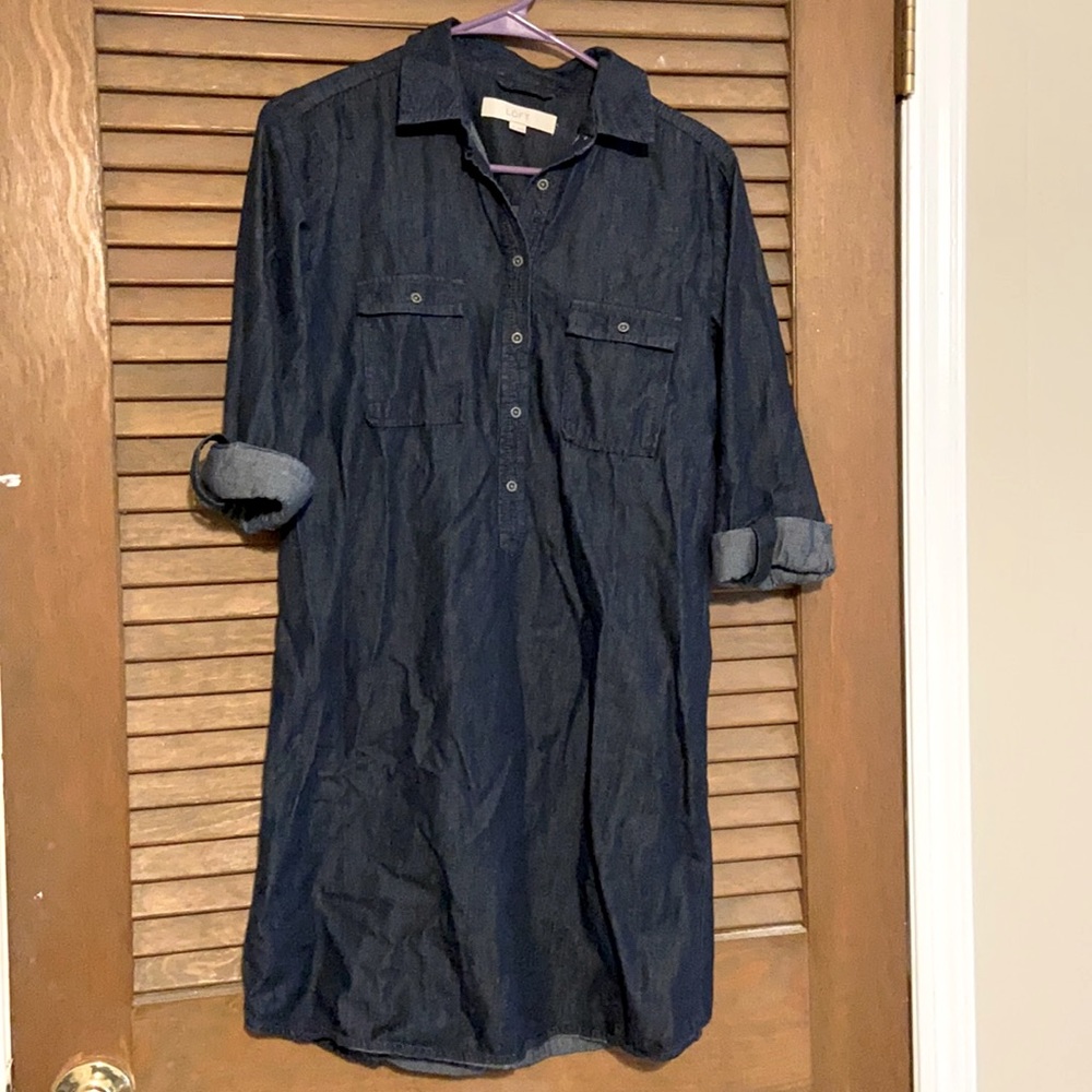 LOFT Dark Blue Long Sleeve Denim Shirt Dress